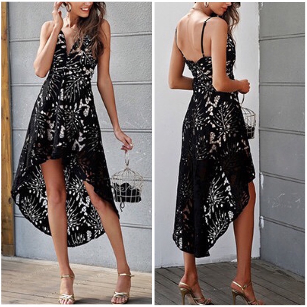 Black Crochet Palm Hi Low Asymmetrical Dress